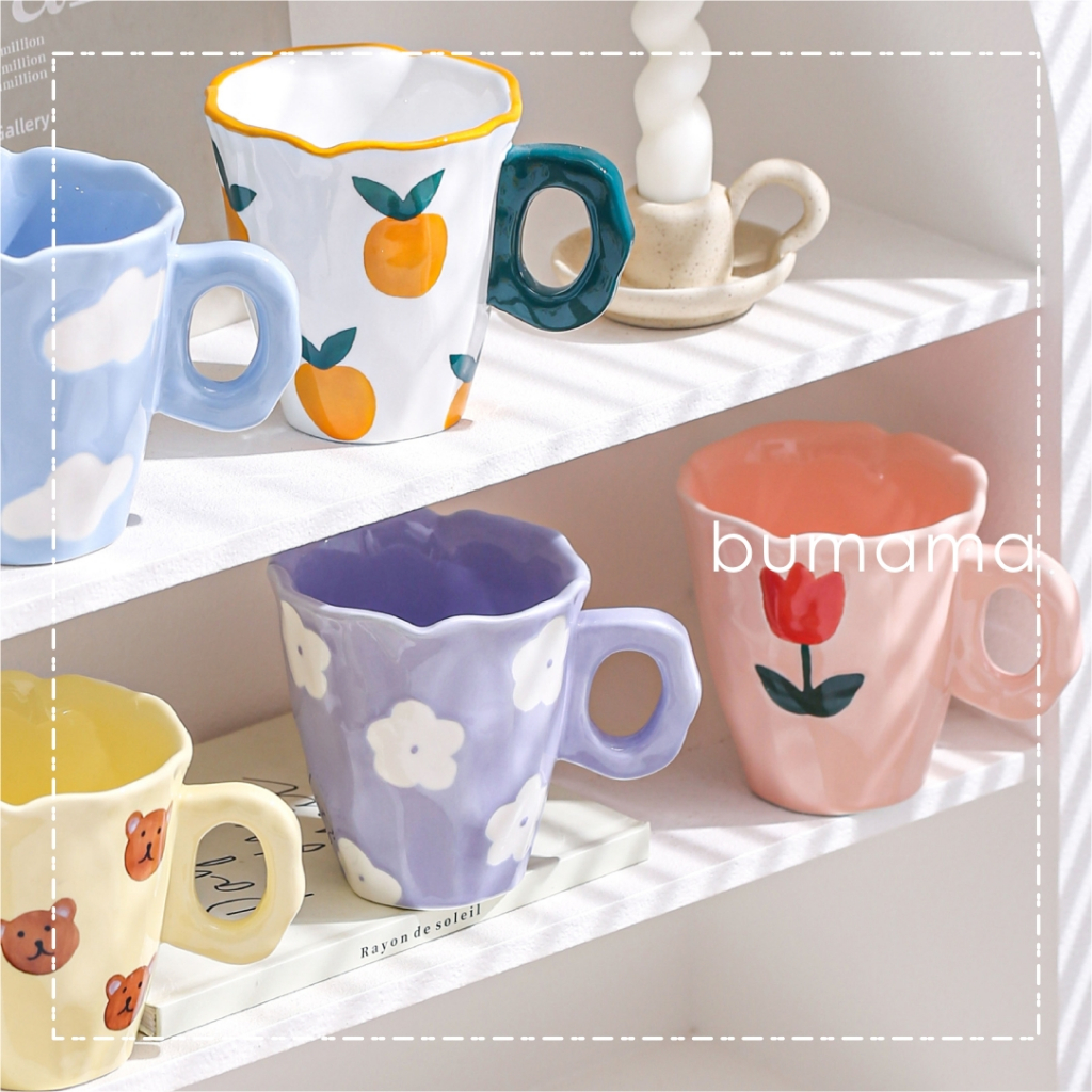 【BUMAMA】韓系陶瓷馬克杯 手捏不規則花朵咖啡杯 高顏值鬱金香水杯 女生 橘子牛奶杯 小白花杯子