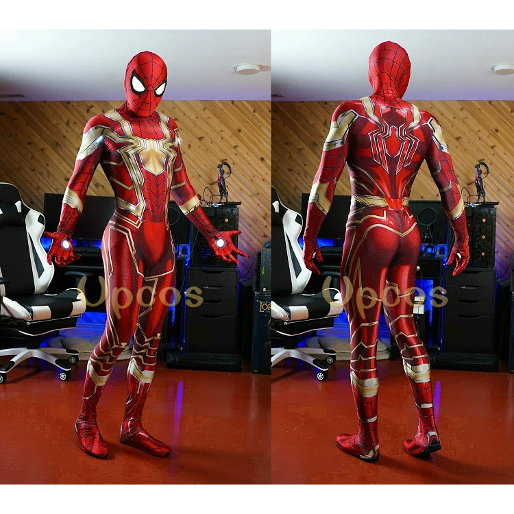 鋼鐵人反光金屬感全新一代金色鋼鐵蜘蛛人COSsplay數位3D光澤印花緊身衣套裝可訂製