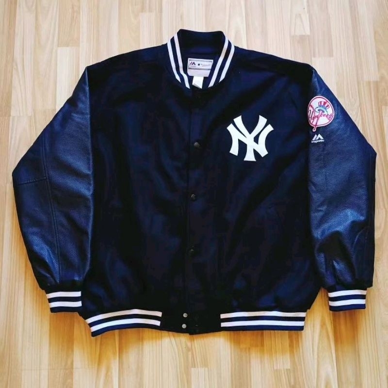 MLB NY 洋基隊 皮革袖 棒球外套 夾克 嘻哈 饒舌 大尺碼3XL胸圍168 衣長84