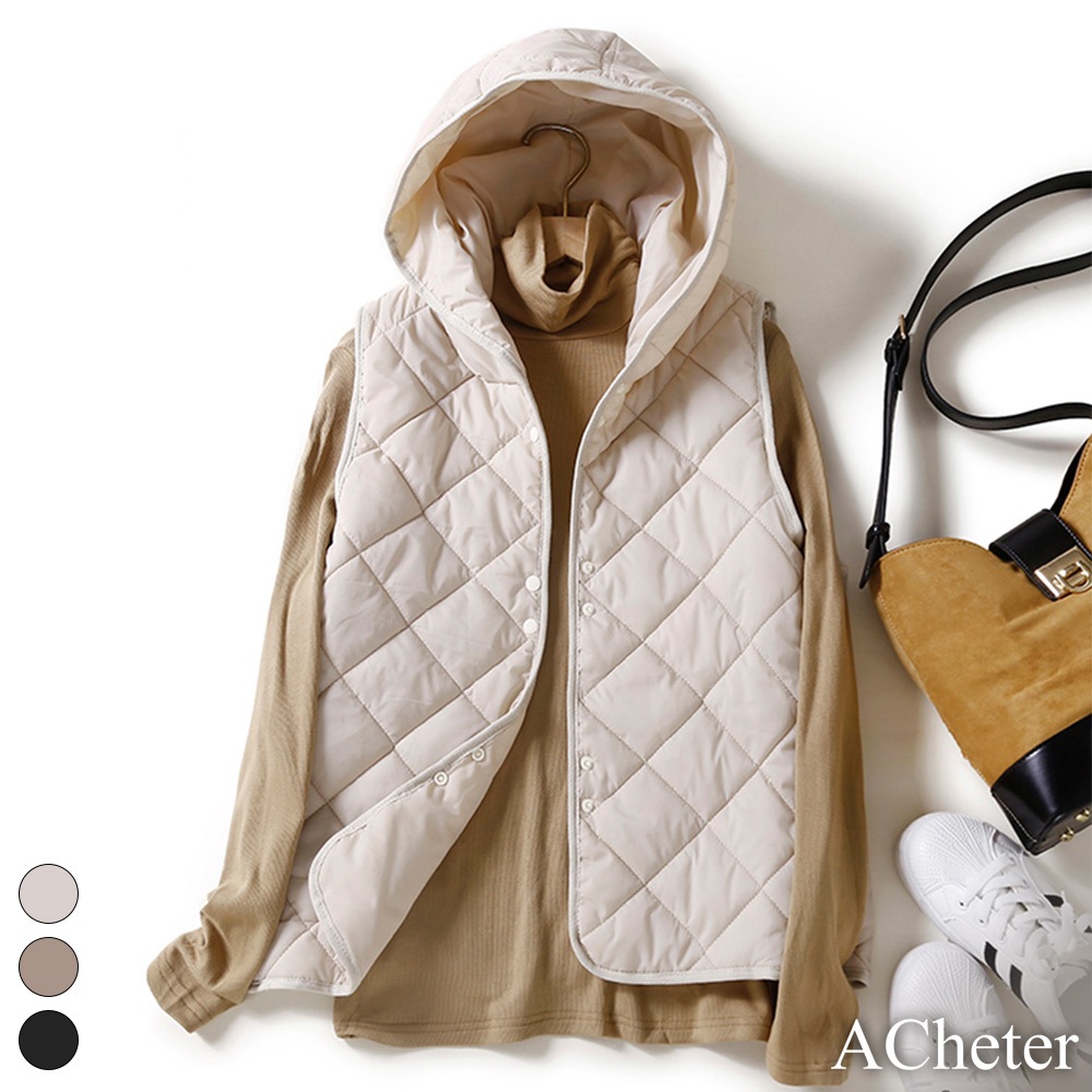 ACheter 輕薄保暖羽絨棉連帽馬甲背心氣質寬鬆無袖短版外套119327