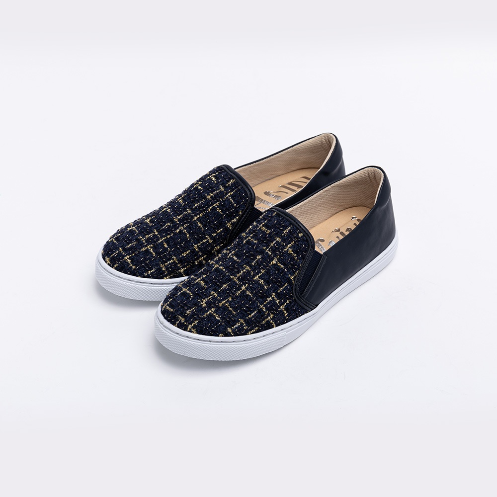 【Avivi】法式風情混金蔥拼接休閒鞋-黑色、白色、藍色