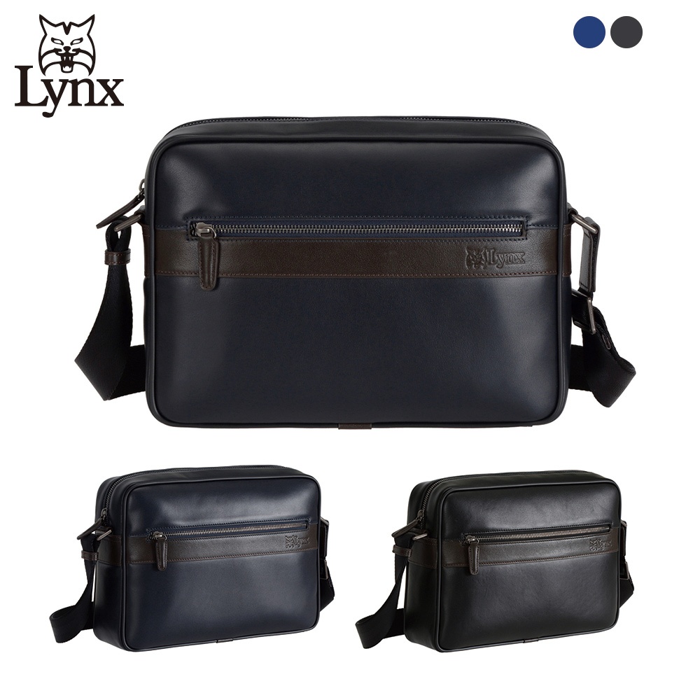 【Lynx】美國山貓頂級進口nappa軟皮商務橫式側背包 中款 (藍/黑) LY19-1504