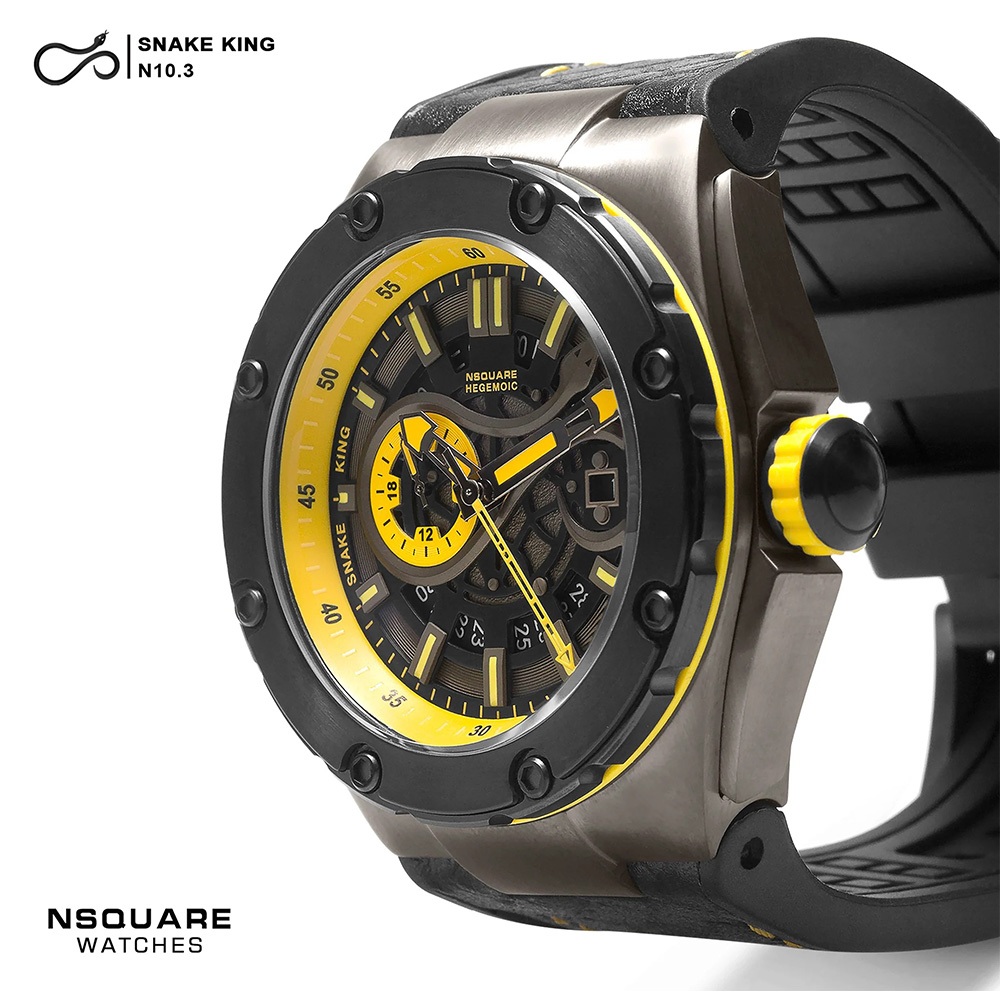 【WANgT】NSQUARE SNAKE KING蛇皇系列 黑黃時尚帥氣吸睛蛇紋自動機械腕錶 G0471-N10.3