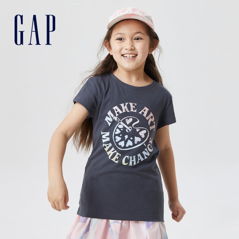 Gap 女童裝 純棉童趣印花短袖T恤-黑色(877486)