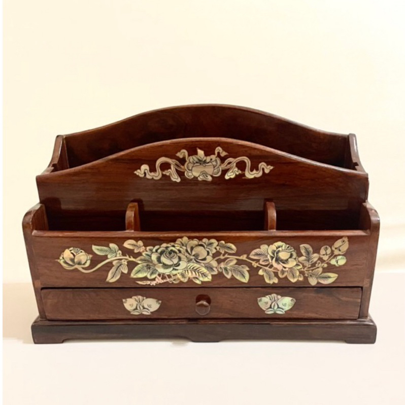 古董 古風 中國風 老件 木頭 鑲貝 信插 遙控器收納 小物收納 桌上收納 裝飾大信件架 木製名片盒