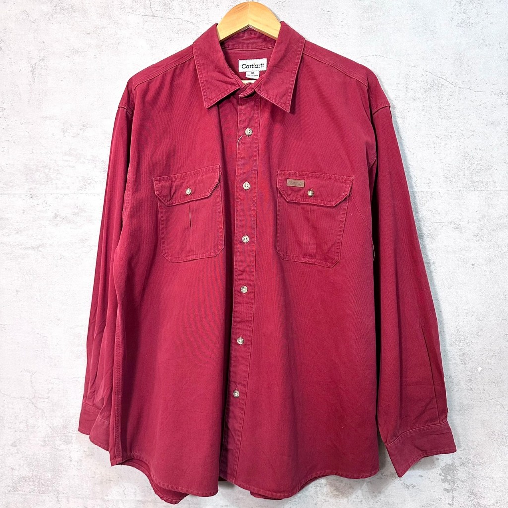古著 Carhartt 赤紅色鐵牌素色長袖襯衫 XL 🐓布吉公雞 Boogie Rooster🐓