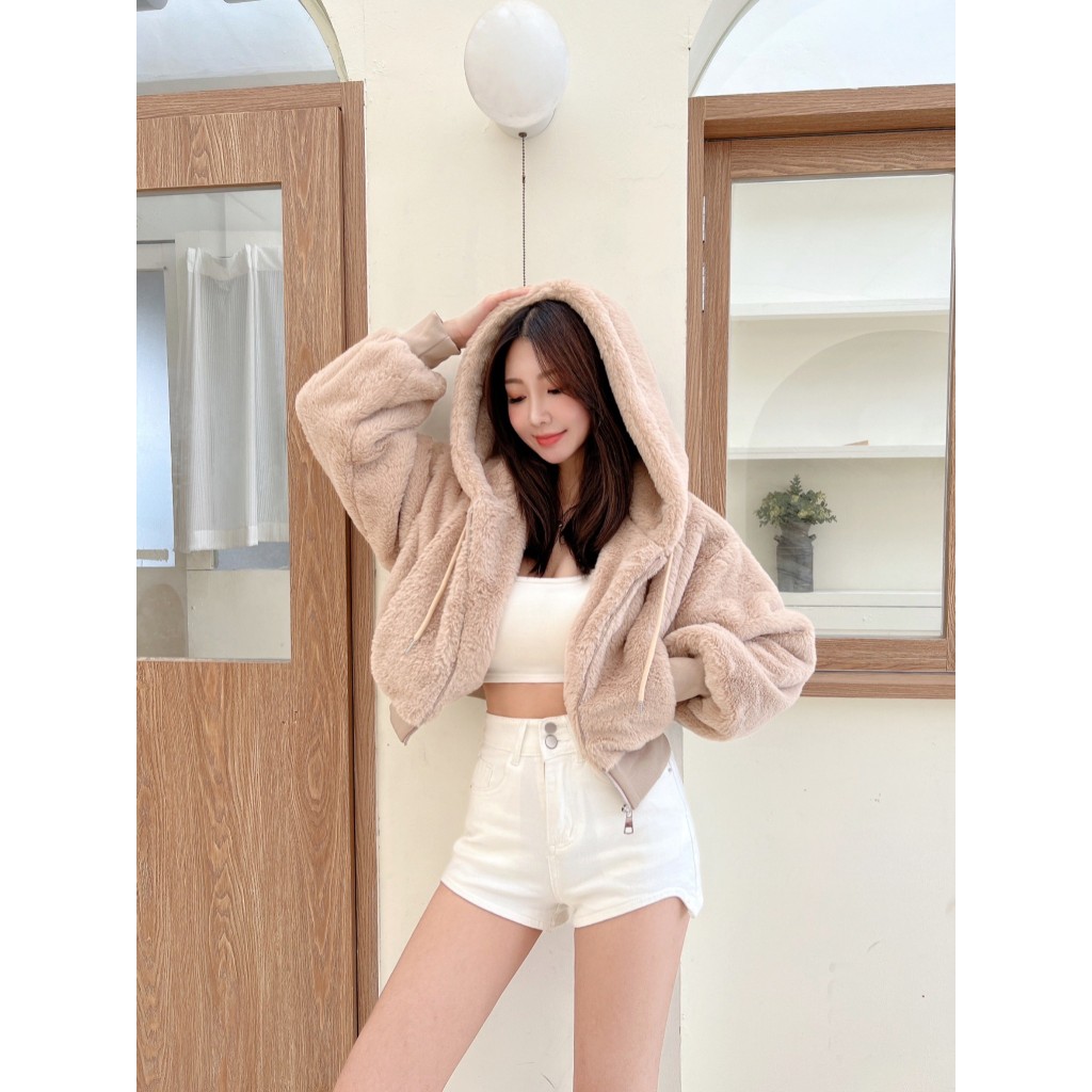 冬季必備款❄️超柔軟 短版熊寶寶 保暖又可愛 短版連帽熊寶寶外套 抽繩連帽外套 慵懶風穿搭 超可愛 保暖外套