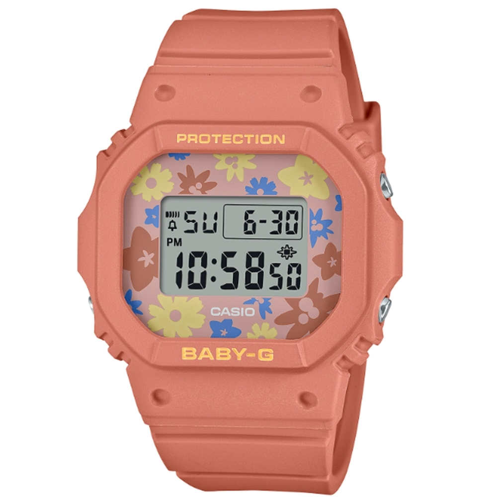CASIO 卡西歐 BABY-G 迷人花卉 復古懷舊流行色彩經典電子錶 粉橘色 BGD-565RP-4_37.9mm