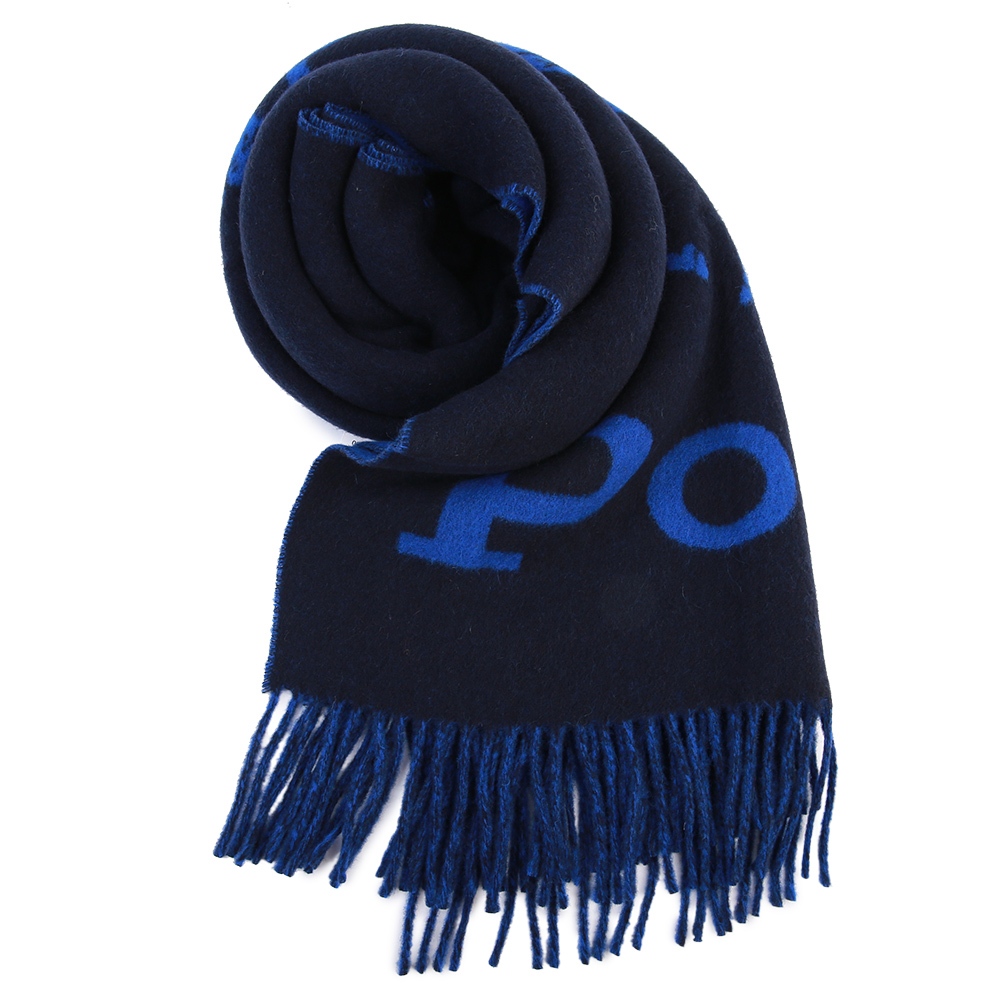 POLO Ralph Lauren大馬LOGO緹花雙色流蘇羊毛圍巾(藍色)780919-3