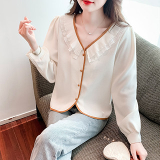 長袖 V領上衣 休閒襯衫 S-XL 新款荷葉邊單排扣開衫襯衫女早秋季寬鬆顯瘦泡泡袖NE40-8318.愛依依