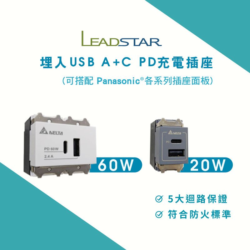 【樹榮x台達電 USB模組】埋入式 60W /20W USB A+C PD充電插座/Type C插座/台達電快充