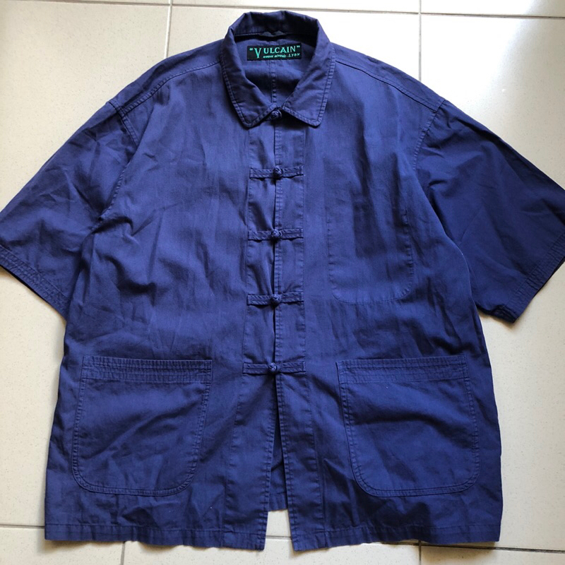 8.5成新 FREAK’S STORE x VULCAIN indigo 法式工裝 寬版短袖唐裝襯衫