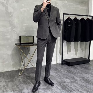 「玖號店」 M-3XL 輕熟簡約毛呢休閒西服套裝男 西服+西裝褲套裝 秋冬男士修身青年痞帥高階感西裝外套 兩件套