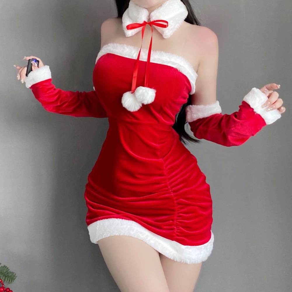 聖誕節衣服聖誕裝 露肩洋裝聖誕服裝 女生大人穿甜心耶誕派對服 角色扮演表演服F093