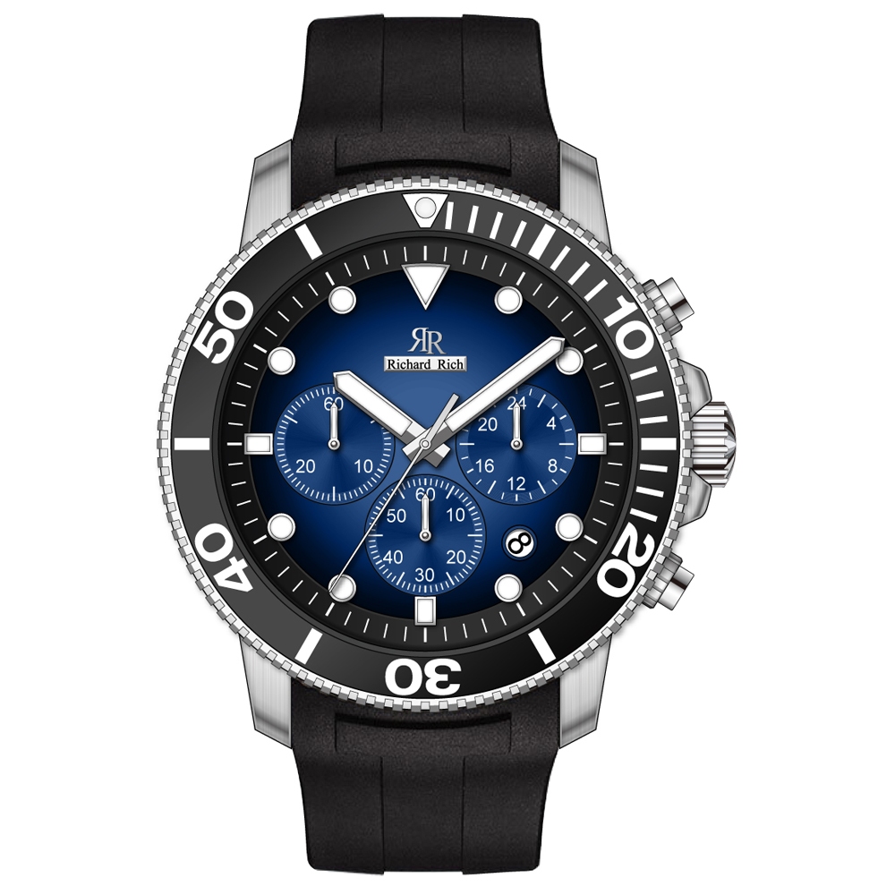 【WANgT】【Richard Rich】RR 陶瓷三眼系列 海洋之星漸層藍面三針三眼陶瓷圈潛水計時矽膠腕錶