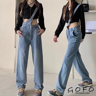 GOFO 長褲 韓系穿搭 顯瘦 造型側背袋 高腰寬鬆牛仔褲 直筒褲 男友褲 寬褲 拖地褲 女生褲子 女裝 春季服飾 夏季