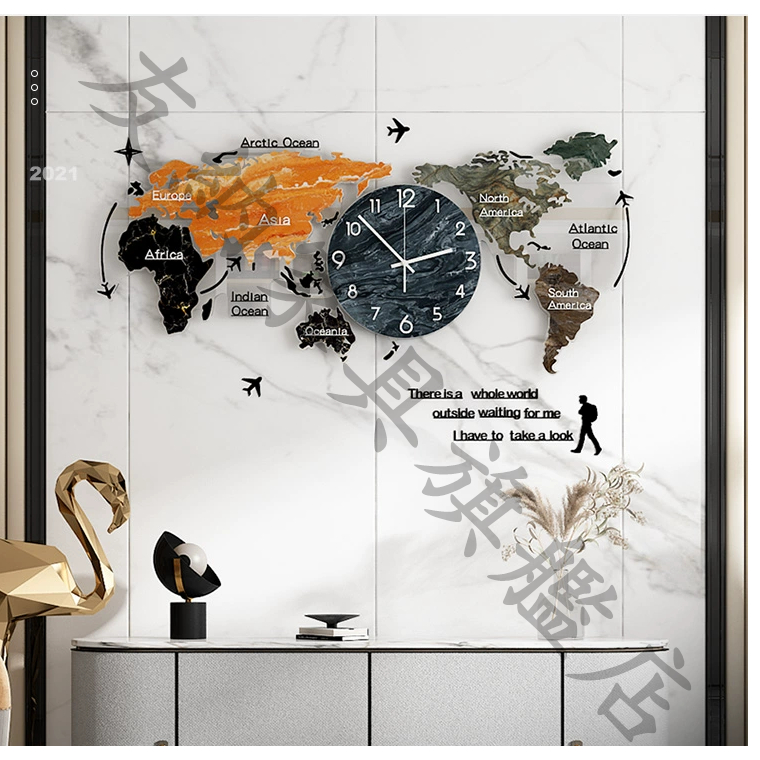 友納家具旗艦店：創意鐘表掛鐘客廳世界地圖現代簡約大氣家用時尚新款時鐘壁燈