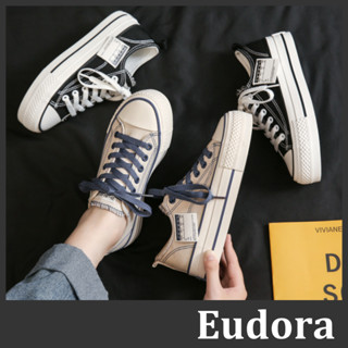 【Eudora】帆布鞋 休閒鞋 厚底布鞋 厚底帆布鞋 增高布鞋 素面撞色綁帶 低筒短筒 平底厚底 鬆糕鞋 增高鞋 布鞋