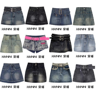 【kikinini】美式復古牛仔短裙女 褲裙 半身裙 牛仔褲裙 包臀裙 假兩件褲裙 裙子 a字裙 超短裙 窄裙 高腰短裙