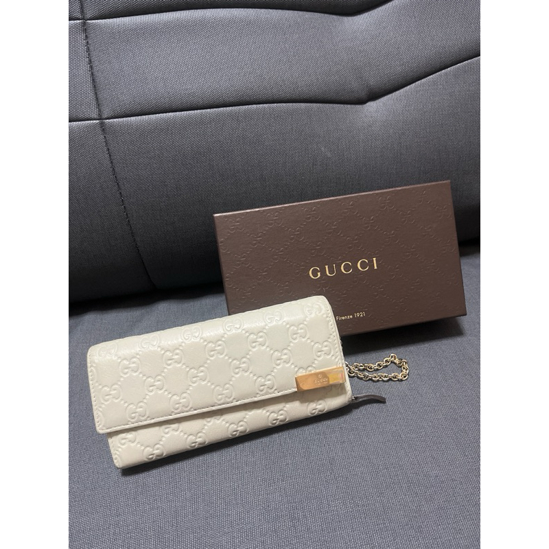 Gucci 夾鏈包長夾 米白色二手皮夾百貨公司購入