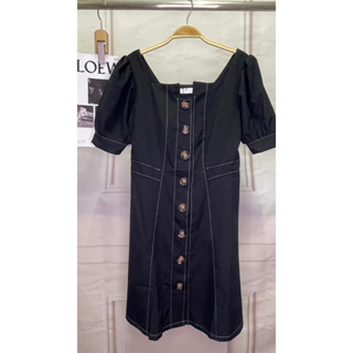 𝓝𝓮𝔀 I ⓈⒽⒶⓃ & ⓆⒾ短袖黑色連衣裙洋裝車線復古扣子短裙ASH-0189