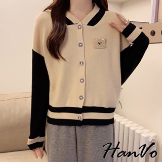 【HanVo】韓版撞色小熊針織棒球外套 休閒百搭保暖可愛 韓系女裝 女生衣著 A07-1977