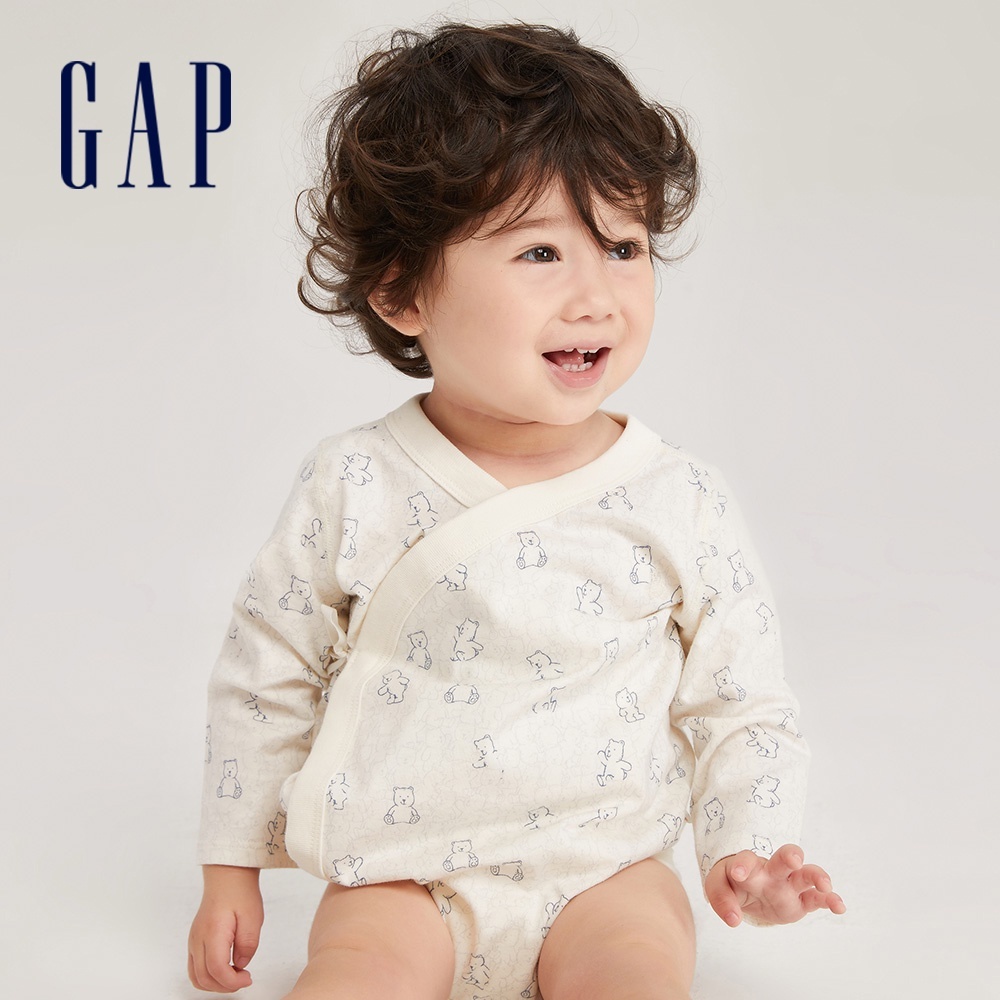 Gap 嬰兒裝 純棉小熊刺繡長袖包屁衣-米色(788750)