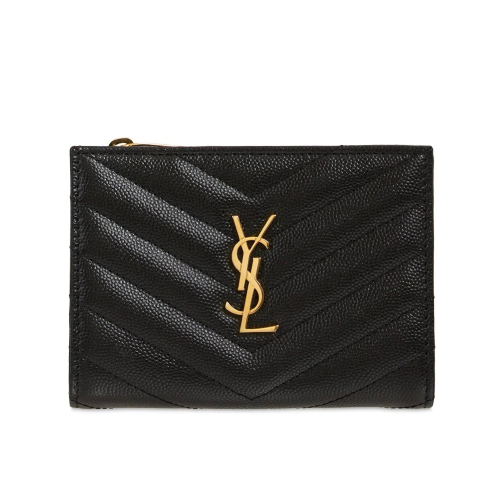 【YSL】SAINT LAURENT Monogram 粒面 壓紋皮革 拉鏈 兩摺 零錢包 卡夾 短夾 皮夾 黑色 金色