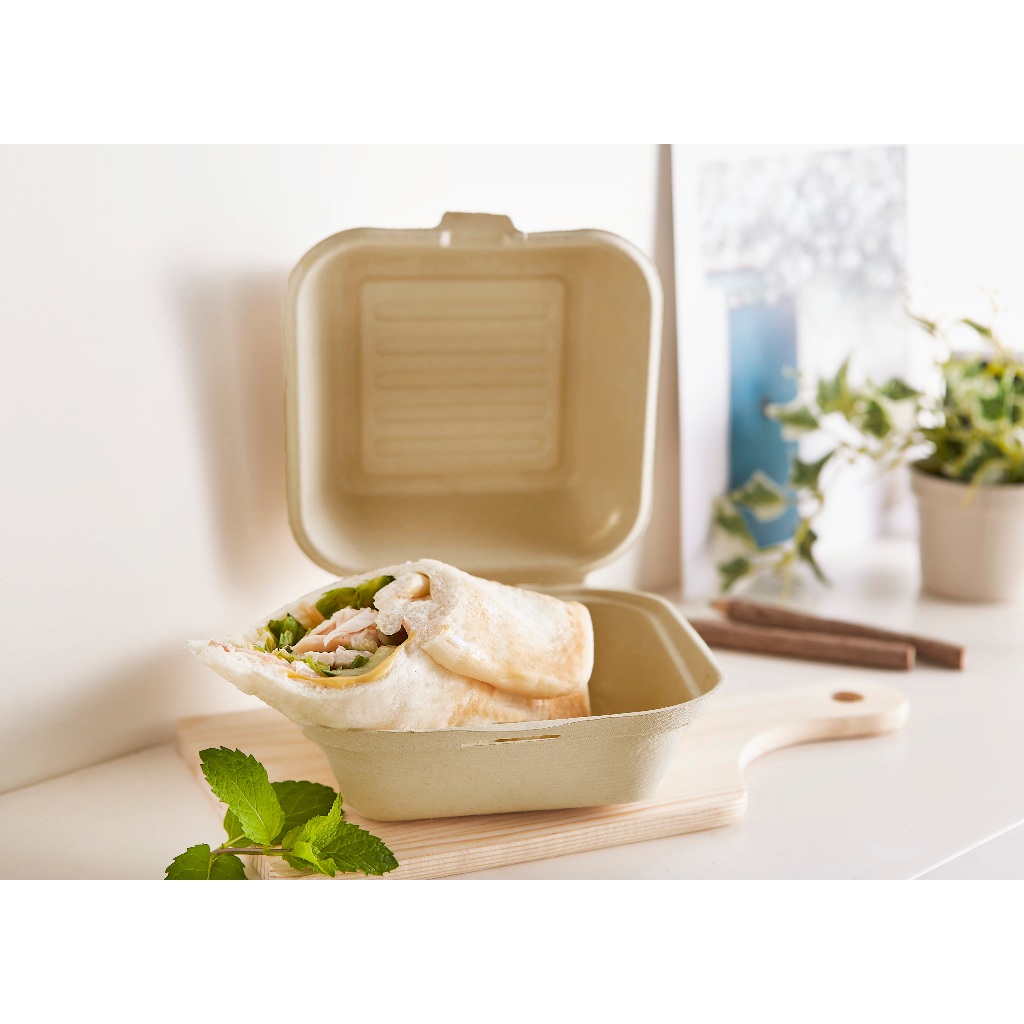 自扣式甘蔗渣餐盒 - 米色 漢堡盒 蛋糕盒 外帶盒 環保餐盒 50入