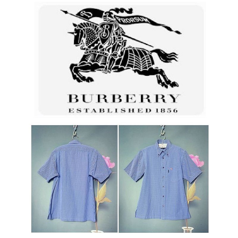 飄舞衣世界《BURBERRY【男裝】》戰馬logo刺繡藍色格紋短袖襯衫／男M