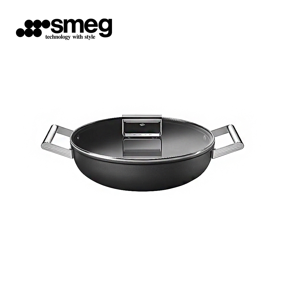 【SMEG】義大利彩色不沾雙耳燉鍋28cm(含蓋)｜耀岩黑