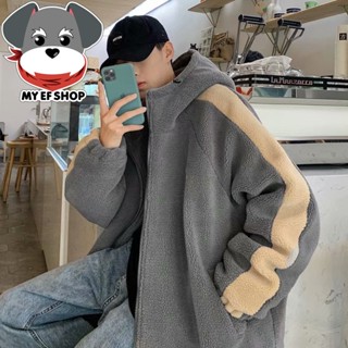 My EF★買衣服-男羊羔毛拼接潮牌外套 韓版休閒百搭開衫外套 原宿風潮流情侶外套 大尺碼【NL681114】