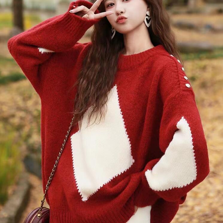 衣時尚 針織上衣 毛線衣 保暖 新款慵懶風聖誕紅色寬鬆套頭毛衣女洋氣大版針織衫上衣N145-6553.