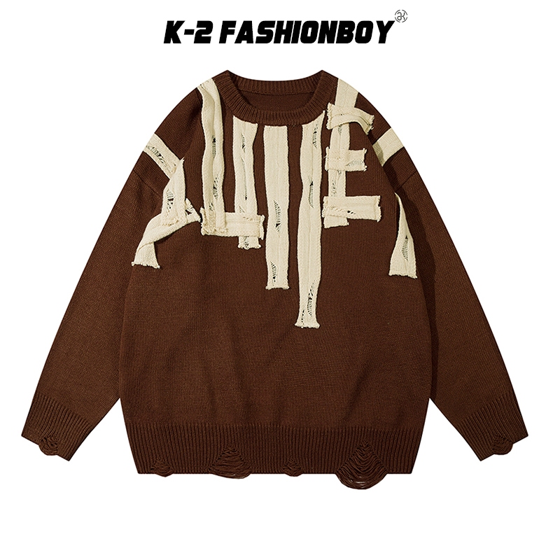 【K-2】特殊緞帶車縫設計 落肩 寬鬆毛衣 針織毛衣 街頭 設計感 毛衣 長袖 K2 情侶毛衣【Dkw006】