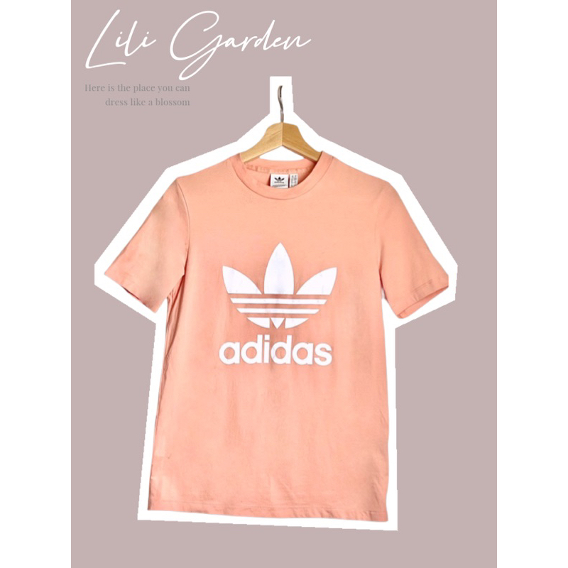 二手橘粉色套裝 Adidas愛迪達logo正肩T恤+正肩短版上衣+螢光色運動熱褲短褲真理褲