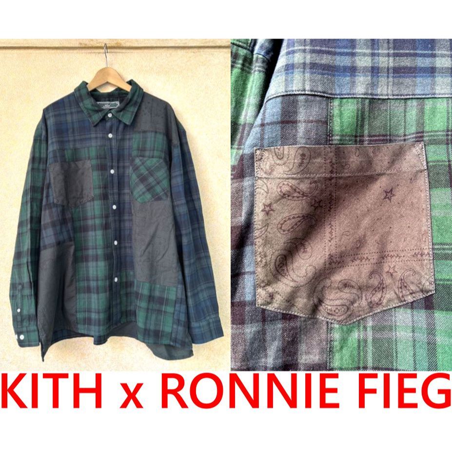 BLACK全新KITH x RONNIE FIEG蘇格蘭格紋拼接變形蟲花紋藍綠色襯衫