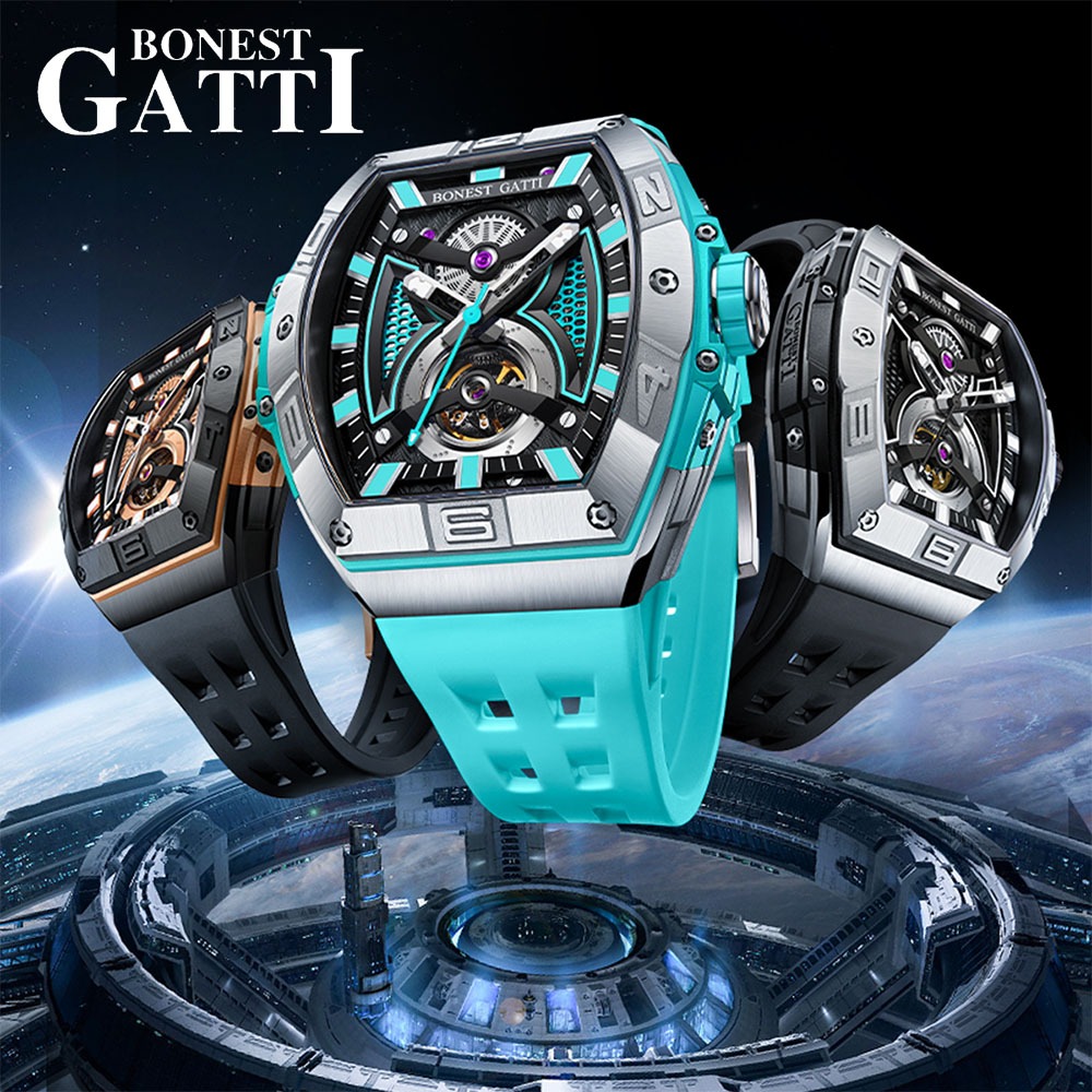 【WANgT】Bonest Gatti 蜂網鏤空前衛藍寶石錶面酒桶型夜光男錶機械錶 BG5701 男士送禮生日