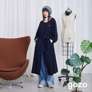 【gozo】天絲拋袖綁帶開襟長洋裝(深藍_F) | 女裝 修身 百搭