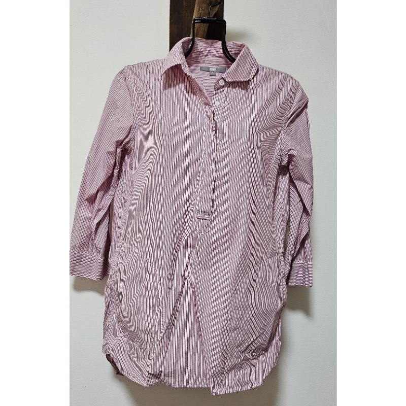 uniqlo 粉色條紋長版襯衫