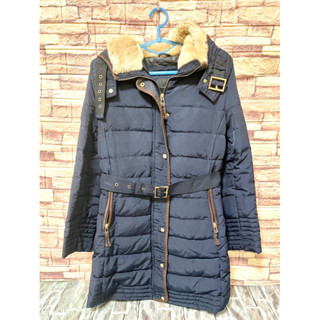 【Zara】風衣式防風羽絨外套 大毛領收腰連帽 連毛帽 中長版風衣 大衣 歐美款 厚外套 秋冬保暖 時尚 夾克 二手衣