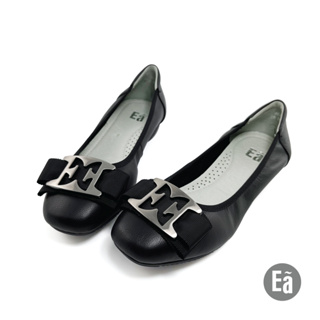 Ea專櫃女鞋 零碼鞋36碼 真皮素面品牌釦織帶方頭厚底鞋平底鞋(黑)121654
