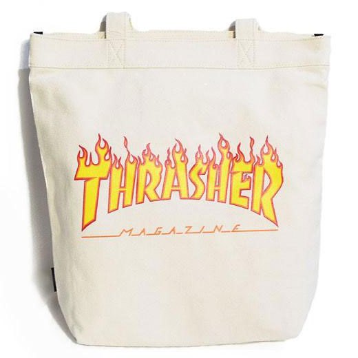 THRASHER 日本限定 R1925 FLAME LOGO TOTE BAG 帆布 托特包 肩背包 (米白) 化學原宿