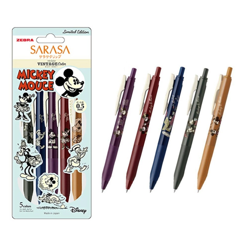 【日本斑馬ZEBRA】SARASA&amp;迪士尼復古色 0.5mm鋼珠筆套組5色入 期間聯名限量 水性筆-丹尼先生日式雜貨舖