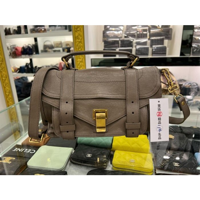 東區正精品㊣Proenza Schouler PS1 Tiny 灰色全皮金釦釦式翻蓋斜背包兩用包 RZ4380