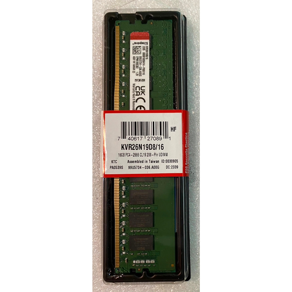 金士頓 DDR4 2666 KVR26N19D8/16 16GB RAM 桌上型電腦記憶體 新品