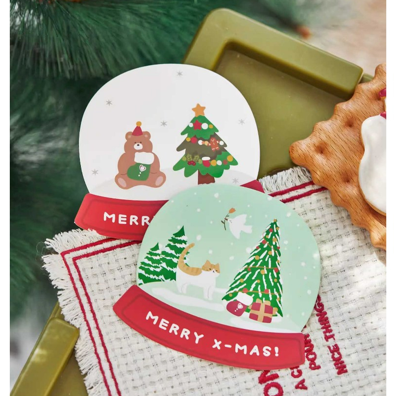 🌸五日工坊🌸 聖誕節卡片-水晶球造型(小熊/貓咪) 可愛卡通卡片 感謝小卡 禮盒裝飾 生日卡片 交換禮物 標籤紙