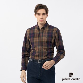 【pierre cardin皮爾卡登】男款 休閒格紋長袖襯衫-咖啡色 (5235162-39)