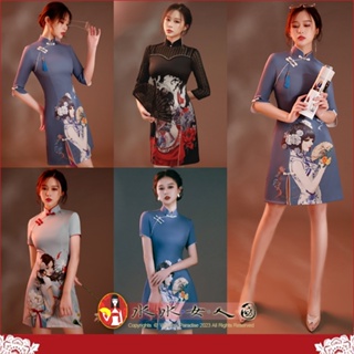 復古中國風潮流印花短旗袍 經典改良式時尚修身超顯瘦性感前開衩A擺連身洋裝～美麗優雅風熱賣中。水水女人國
