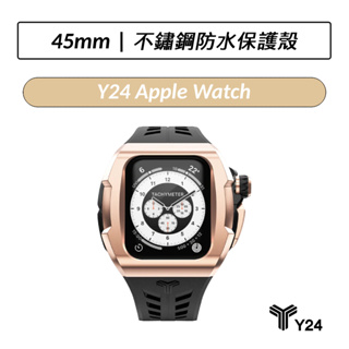 [加碼送原廠錶帶] Y24 Apple Watch 45mm 不鏽鋼防水保護殼 黑/玫瑰金 SODER45-BK-RG