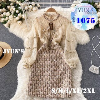 JYUN'S 秋季新款高階輕奢法式復古小香風名媛氣質重工釘珠別緻設計感裙長袖洋裝大尺碼1色S~2XL現貨